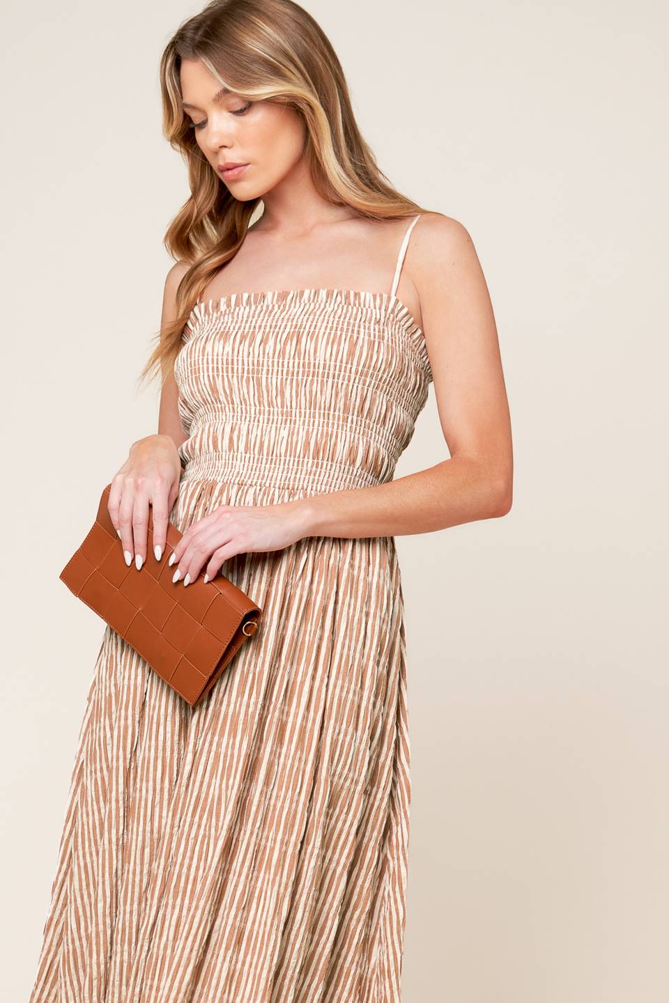 VALHALLA BROWN STRIPED WOVEN MIDI DRESS Flying Tomato